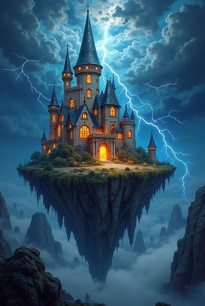 Mosaic Art,castel,Glowing Light,lightning,flying island,dark sky,thunder