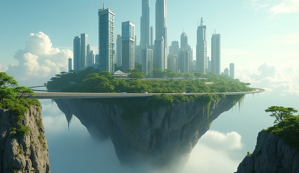 Create a hyper-realistic, surreal image of a futuristic floating city that harmoniously integrates nature and modern architecture. The cityscape on top should feature towering skyscrapers with a blend of glass and greenery, where trees and plants grow seamlessly alongside the buildings. The landmass itself should appear to be a massive chunk of earth, with rugged, rocky edges that contrast sharply with the smooth, developed urban area above. Include a suspended highway encircling the base of the city, blending into the natural environment. The overall scene should evoke a sense of both wonder and realism, as if this floating city could exist in a world where advanced technology and nature are perfectly balanced