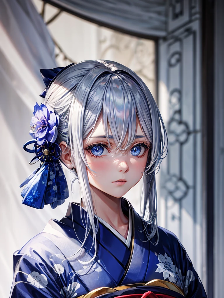 Silver hair，blue eyes，melancholy look，Wearing a kimono
