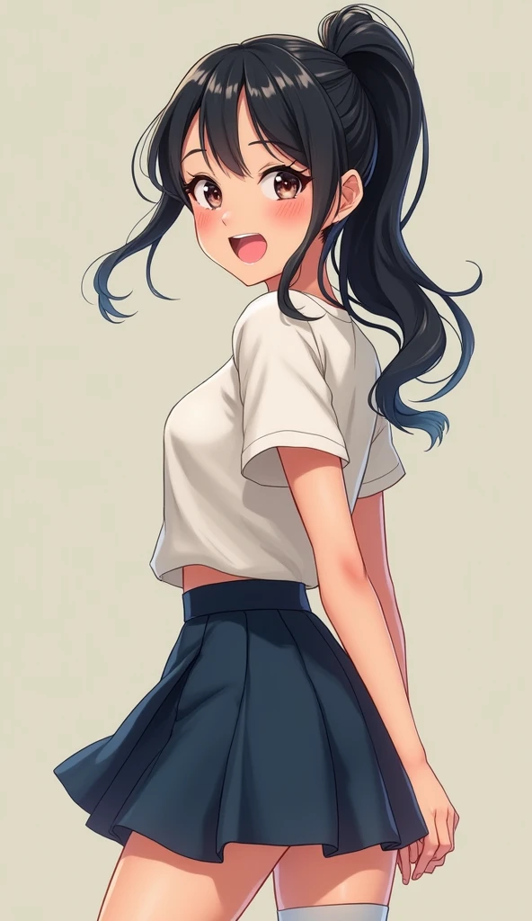 woman Black Hair Semi-long hair ponytail、smile Asian Face 2 dark blue skirt Knee-high socks happiness/joy,