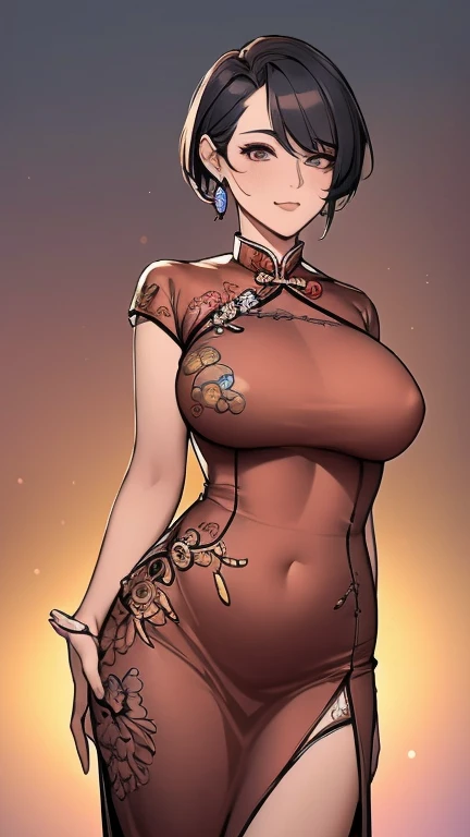 (masterpiece:1.3), (disorganized:1.3), (highest quality:1.3),perfect anatomy,detailed face,Steam punk, victorian era,Hong kong,horizontal angle,hands,looking at viewer, (Super detailed:1.3),(best shadow:0.7), solo,1 middle aged woman,saggy breast,(treated hair), pixie cut,fine eyes, beautiful eyes, 1 middle aged woman, navy officer,alone, standing, crystal earrings,closed_mouth, arm_behind_return, (chinese dress,tie), rest outdoors, cowboy shot
