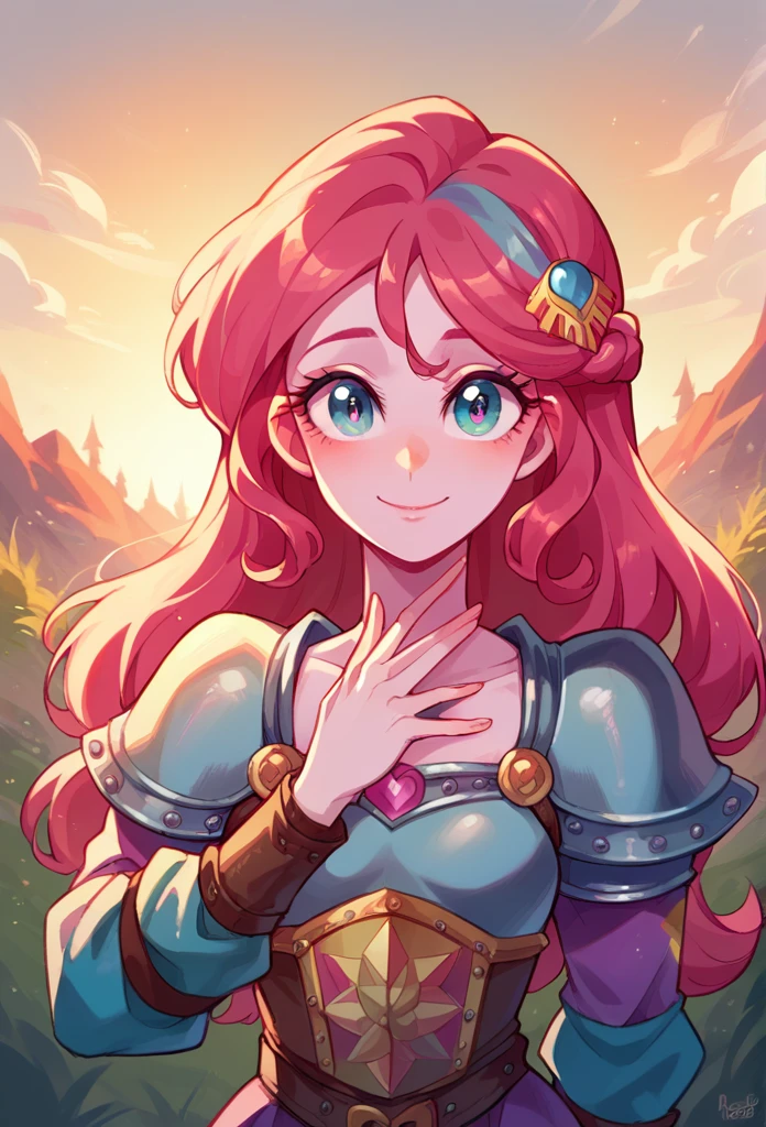 Pinky pie de Equestria Girls, looking at the viewer, Sunset, pretty eyes, beautiful face, small breasts, medieval armor, Full armor, with a dragon in the background, beautiful smile, armor covering the entire body , armor covering the entire body, facing a dragon