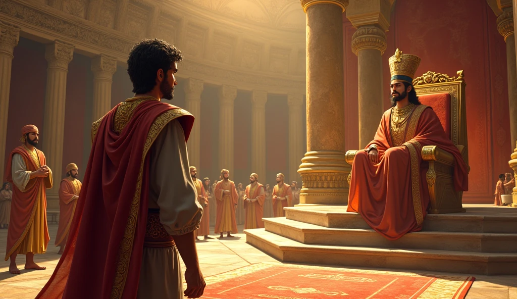 The scene of Joseph's meeting with Pharaoh, in a large ornate hall. Joseph is dressed in fine clothes, and the pharaoh watches him with interest. The composition must convey power and respect.