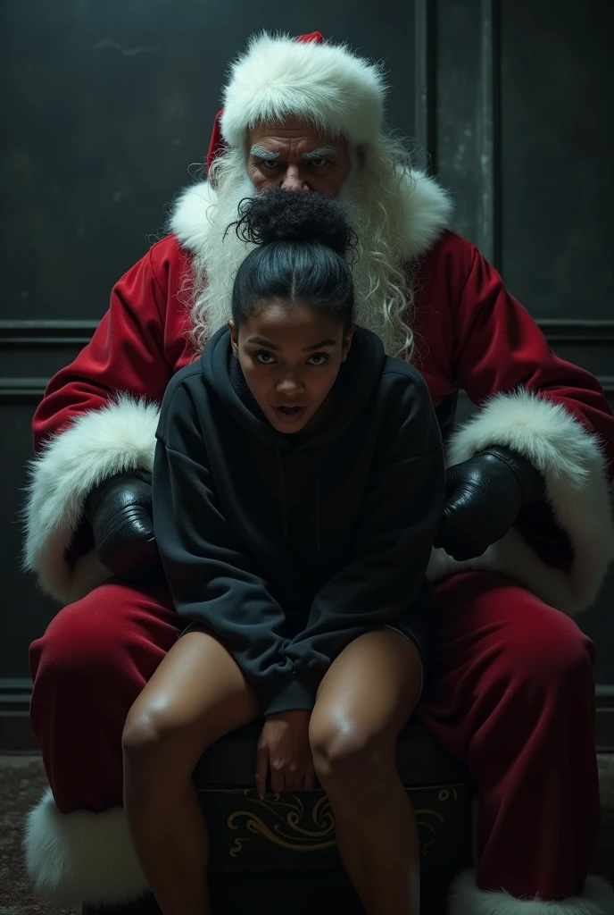black woman hair in a bun black hoodie black leather short shorts eye wide open and scared look on her face setting on a scary santa claus lap