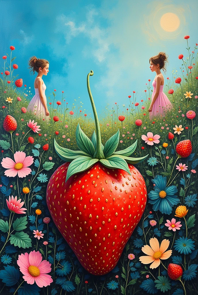 An abstract painting of a Beautiful straw berry with flowers garden with a blue sky on a rough canvas texture with some beautiful ladies at the distance