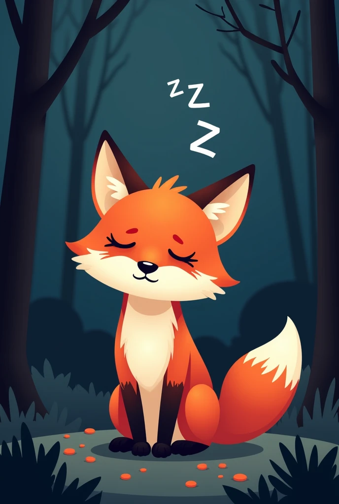 A red fox is getting ready to go home and sleep,Expression full of sleepiness,There is a ZZZ symbol on the head,Cute realistic style,Background night forest