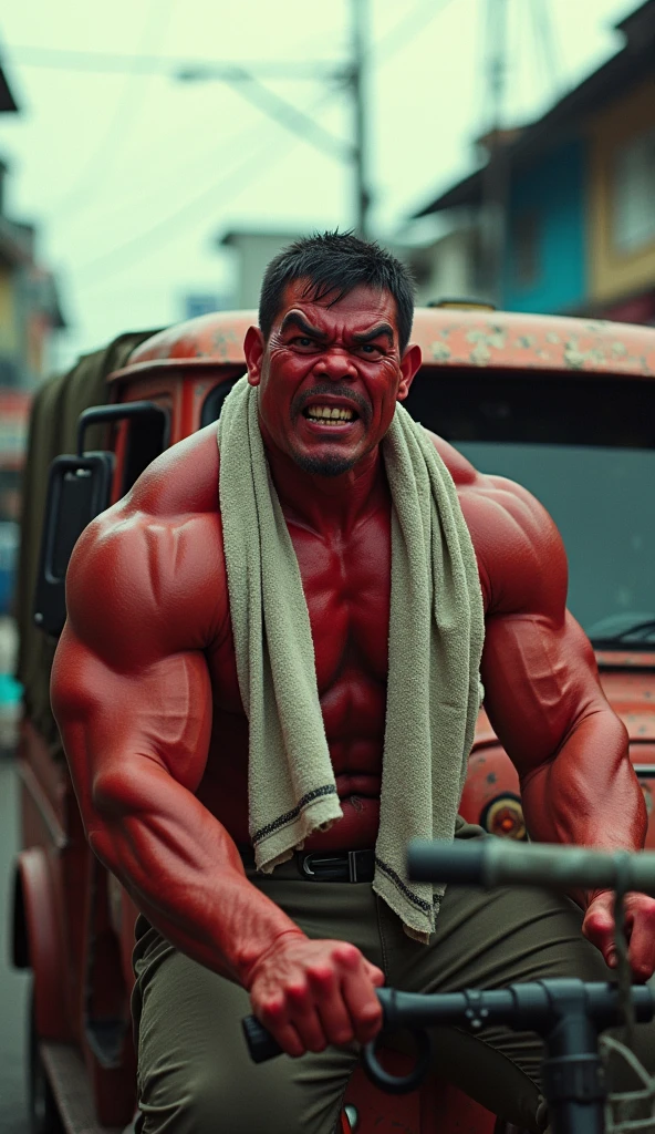 photo of Red Hulk as Indonesian People, wearing shabby towel in neck, Driving a truck inside a Indonesian typical truck, background Indonesian street, setting years 1990, overcast light, film grain, nostalgic mood