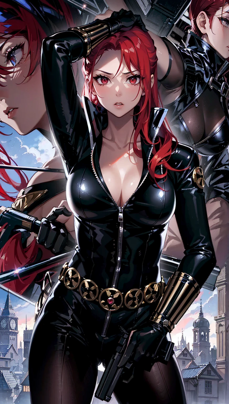 The image features a girl with long, bright red hair, dressed in a sleek skin-tight shiny black latex bodysuit with a deep-cut zipper neckline revealing a large chest, the silver zipper running down the front. The suit is complemented by her iron wrist guard on both wrists and a belt made of silver circles around her waist. She holds a gun in each hand in a ready position, while her other hand is touching her hair. Placed against a dark city backdrop, the scene includes buildings and might contain elements resembling a clock tower, suggesting an urban setting. This composition is emblematic of a superhero genre, highlighting central and ancillary characters, with an overtone of action and vigilance.