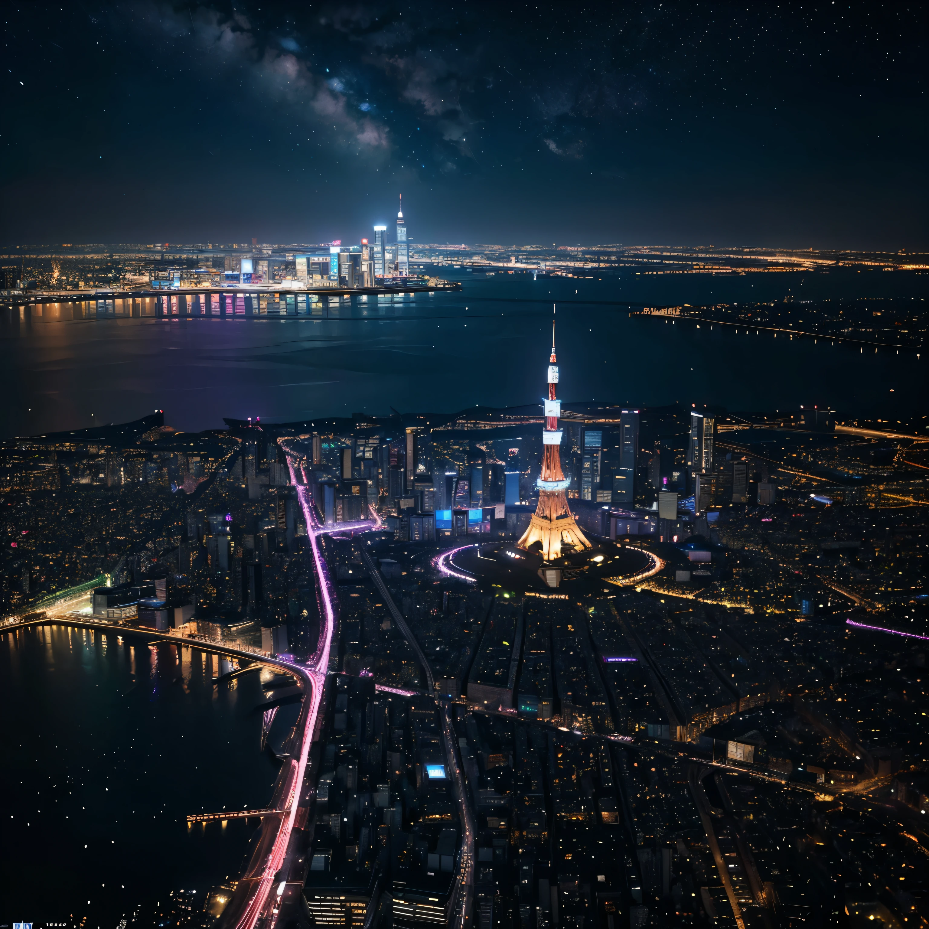 The night sky is filled with shining stars、Osaka city、
Three-dimensional clouds、Colorful million-dollar night view、romantic、Fantasy、Colorful night view in Osaka、Tokyo Tower、Brilliant、photograph、Wide angle、Colorful night view、、Colorful、Neon color、Brightness Gradient、
High resolution(8k)、Ultra-high precision、Realistic texture、The city below、horizontal line、Vast、panorama、Rear Stick、Brilliant、masterpiece、curve、bird's Eye View、Looking down from above