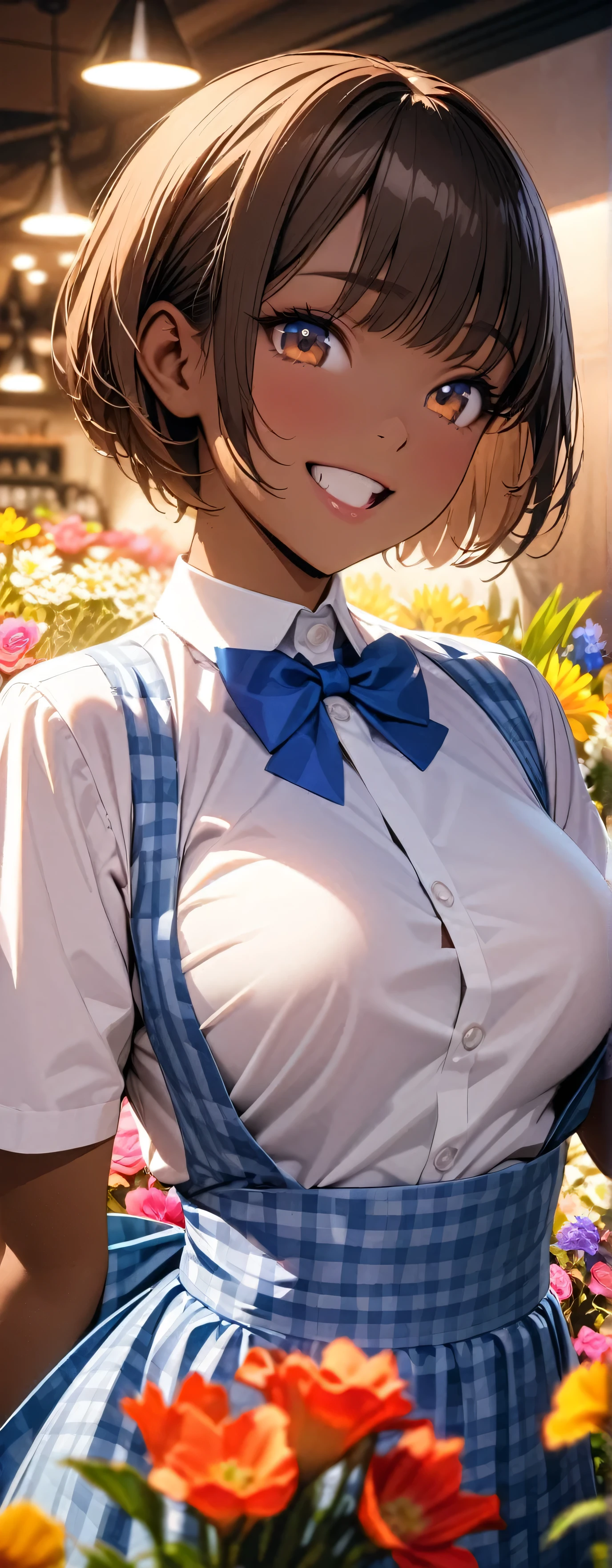 (Beauty: 1.3),One person,masterpiece, Highest quality, Ultra-high resolution,Rich contrast,super high quality,8k,Highly detailed CG unit wallpaper,texture,Unbelievably absurd,Ultra-high resolution,RAW Photos,Depth of Field 1.2,crew, blue bow, blue bowtie, white shirt, short sleeves, blue skirt, blue apron, gingham apron, employee uniform, high-waist skirt, waitress,Brown Hair,(((Pixie Cut))),happy,tsurime,Very fine eye,bigeyes,looking pleasured,((Brown Skin)),Dazzling Light,Flower Field,Big smile,I have flowers,Flower Hair Ornaments,butterflies in flowerbed,Florist,Holding a bouquet,(Chest close-up:1.8)