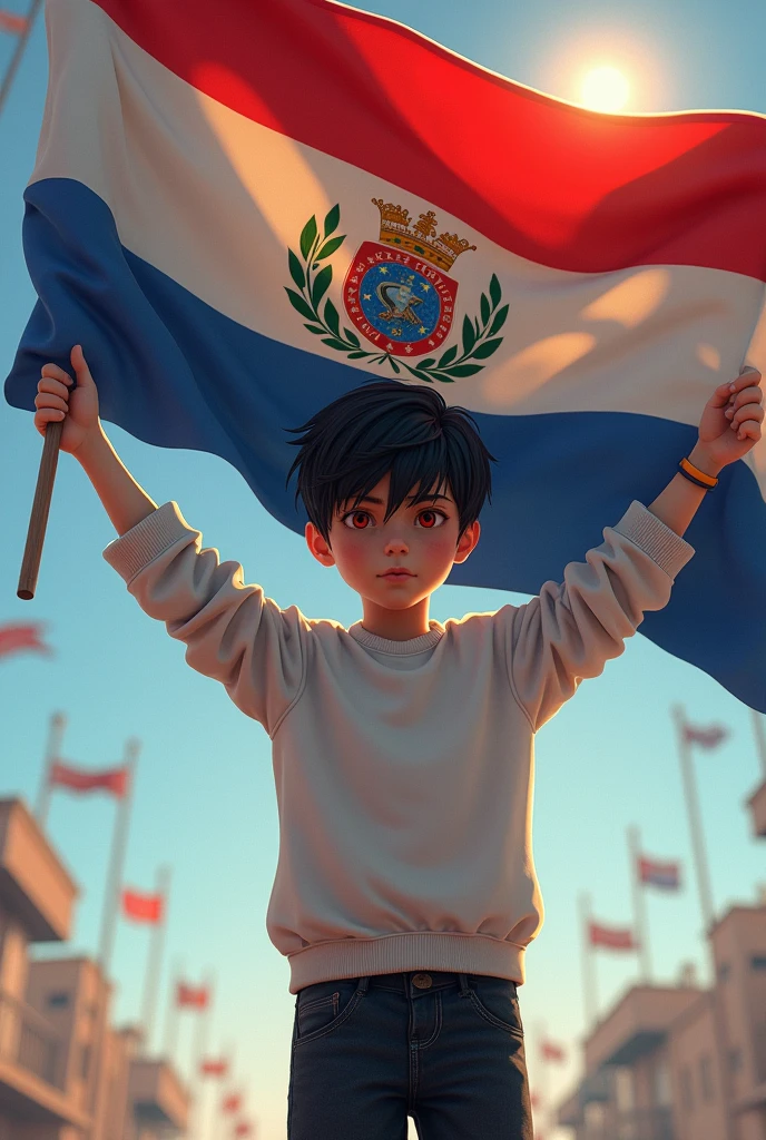 a black haired boy, Red eyes, slightly brown skin, black jeans and a white sweatshirt, and hold a flag of the country of Paraguay