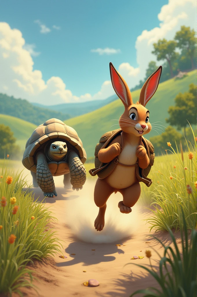 the hare speeding away confidently while the tortoise moves slowly but steadily