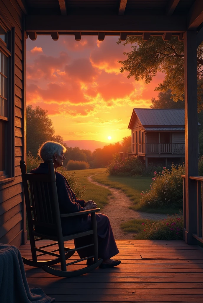 Last sunset of a grandma sitting on her porch