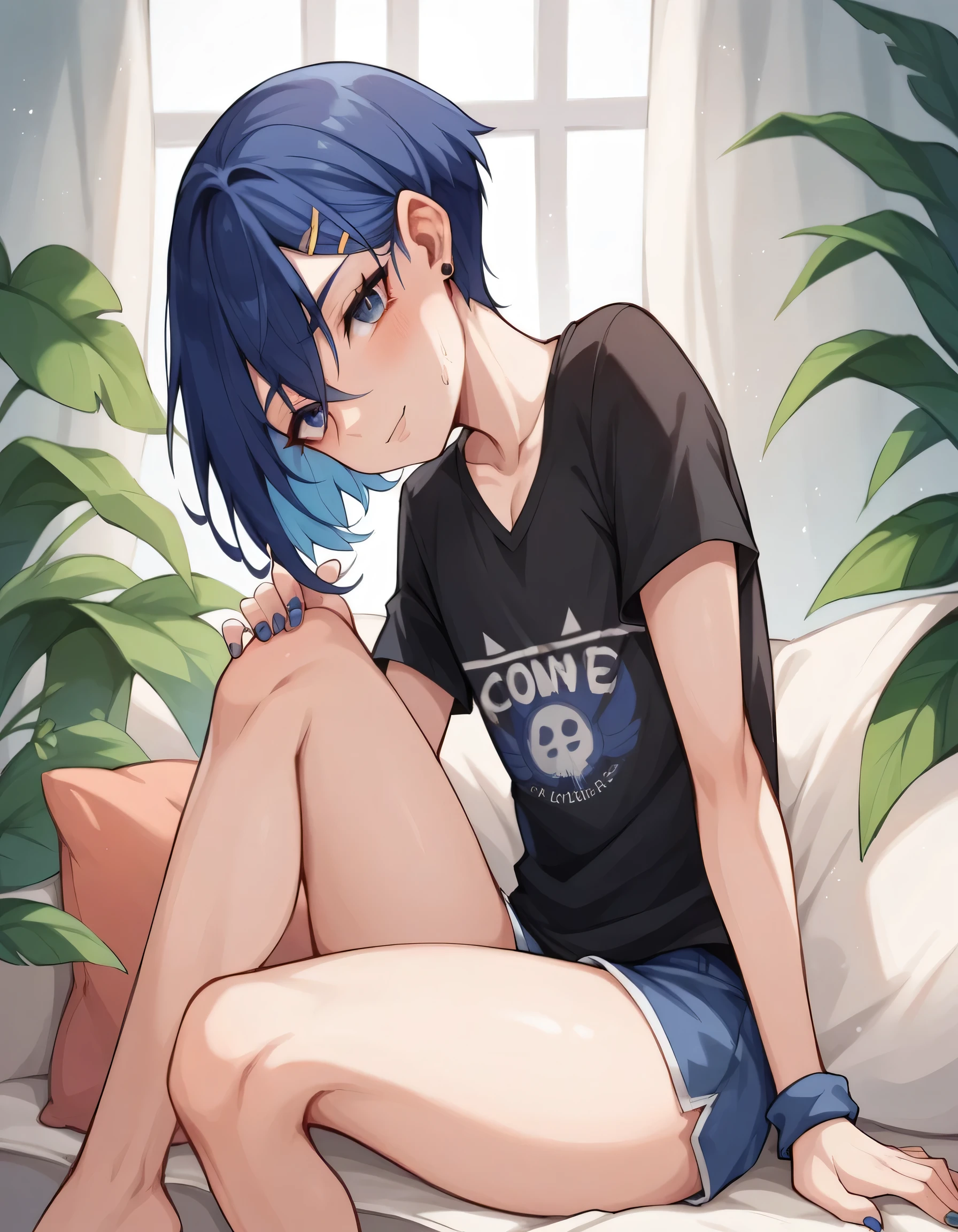 femboy animée with blue hair sitting on a couch in a room, seductive femboy animée, style artistique anime moe, style artistique anime de haute qualité, an fille animée, attractive fille animée, the femboy animée is crouching, femboy aux cheveux bleus courts, oeuvre d'art dans le style de guweiz, femboy animée, Pose décontractée, young fille animée, fille androïde parfaite, Illustration numérique d’anime