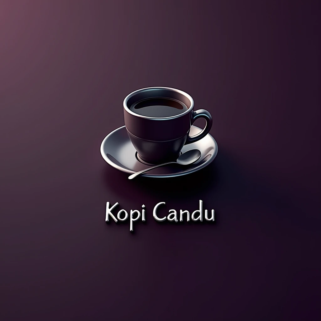 3D logo, a coffee cup and a small plate, next to it is a teaspoon, the logo is silver, and below there is a silver name, "KOPI CANDU", hyperrealistic, dark purple background