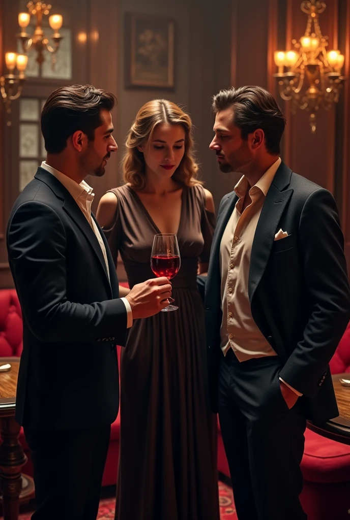 In an old time club two guys are talking with a girl holding a glass of wine.  Their clothes are old fashioned