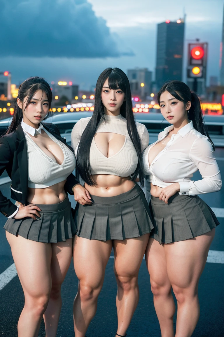 Ultra-high resolution, Realistic, Very detailed, Golden Ratio, Highest quality, Four people are standing full-body shot, (promotional photoshoot), (Are standing), Four people stand on the rainy rooftop in high heels, (Four Beautiful female with Exemplary Figures), Beautiful Face, (Realisticな face), (biondeのショートカット:1.3), Korean bionde, bionde, long straight ponytail hair, hair band, Glare, Frowning, Drooling, Long Tongue, Verbal invitation, compensate, Frowning, Frowning, Surrealism, First Person View, First Person View, Wide-angle, Ultra-high resolution, Anatomically correct, Super detailed, 16K, (Four beautiful female standing side by side) (wide thighs), (Very long legs),(body builder girl), (wide muscles), ((sexy abdominal muscles)), (huge breasts),(very voluptuous body),(short grey skirt),(deep cleavage schoolgirl uniform),(hard raining),(sexy wet uniform)