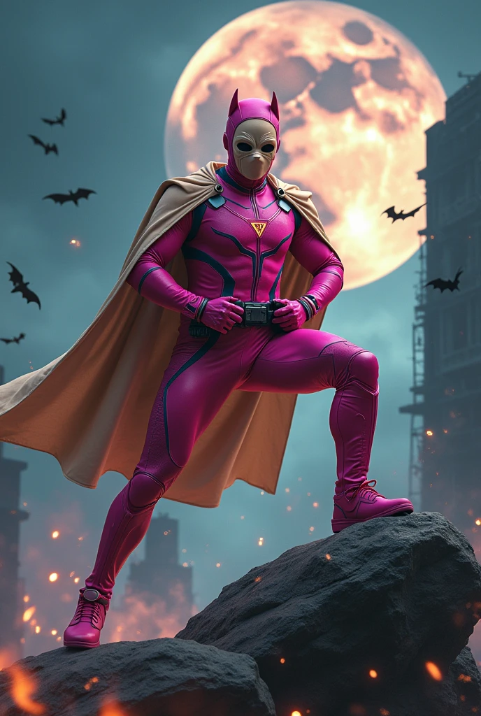 high-tech suit, vivid effects, malaysian superhero (KELUANG MAN) in a striking pink and beige costume cyberpunk design, mask small mini bat ear beige, daredevil biage mask, jumpsuit dark pink stands confidently in a dramatic.jumping from high place. Fighting pose , stormy landscape. ((Head covered node guard like batman. Running pose , athletic body type, small mini ear bat mask))The character wears domino mask a helmet with pointed mini torn ears and a flowing cape biege, open nose and mouth. Equipped with visible futuristic weapons on a belt,bullet proof jacket pink dark day.show fingers pose, dark night, big supermoon effect . Small logo on chest triangle shape small punisher logo center triangle cyber logo center on chest pink logo mini logo . rocky. Building top.smoke ground , bomb effect background, losse pants, losses costume.adding to --ar 3:4 --style raw --stylize 500 --v 6.1. chaos. Lot of small flying bat. One leg on the high stone. Man . Real man age 40 year old. One hand holding belt.