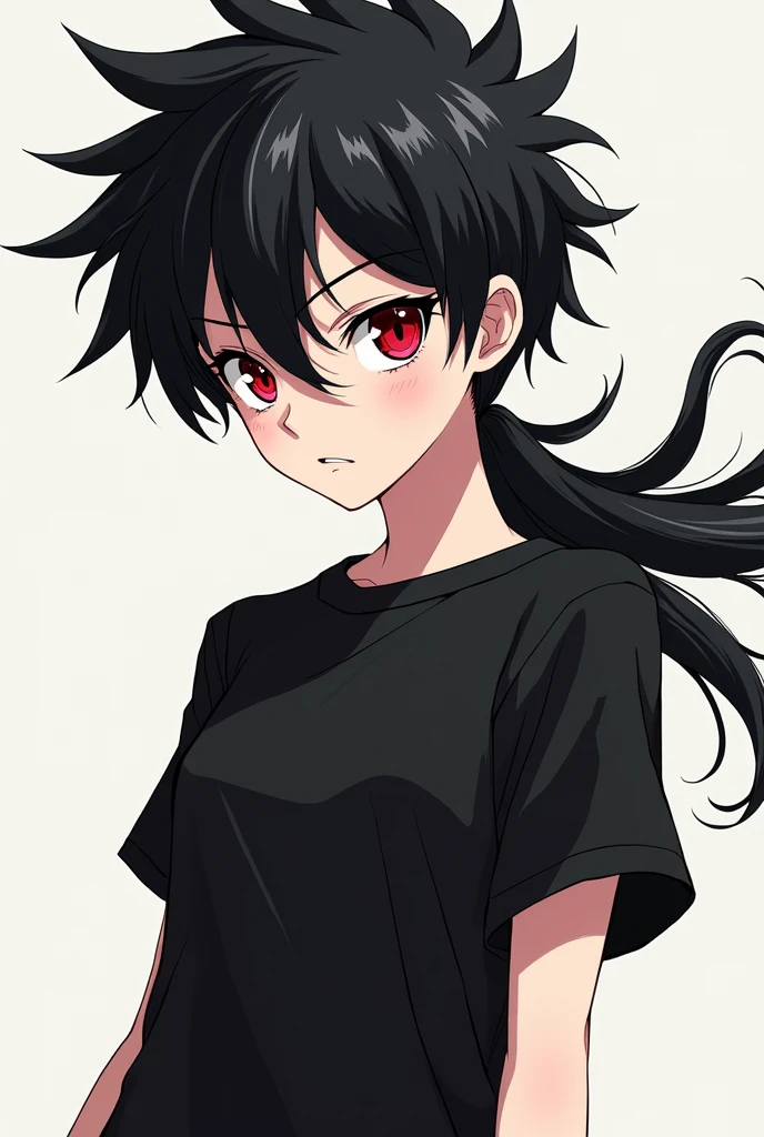 Child girl anime with the long hair color black is spiky behind and eyes red,her clothes,t-shirt men is black, she have personality agressive,and physical athletic,no breast she have white skin INTJ 8w7