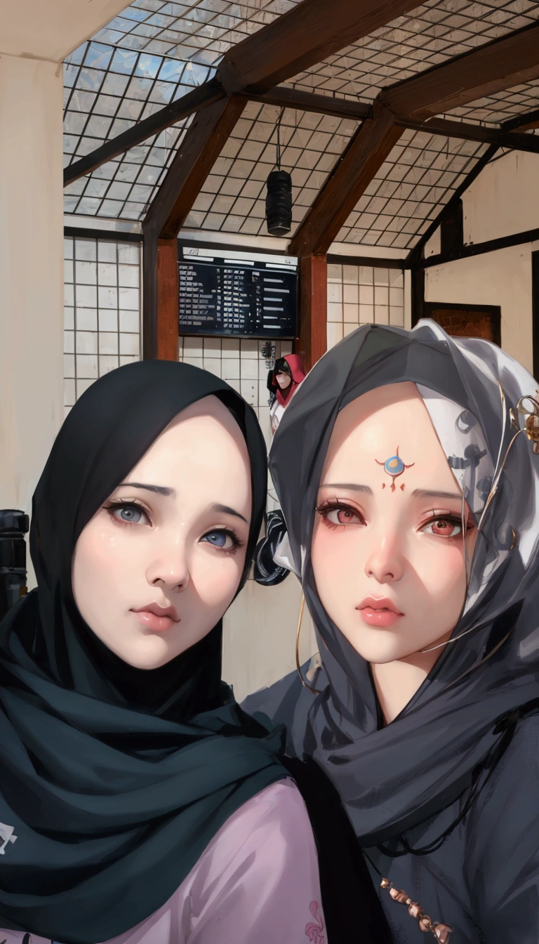 1 girls using hijab, 1 boy handsome , artwork in the style of guweiz, realism artstyle, realistic artstyle, high quality fanart, photorealistic!!!!!!! art style, kda and sam yang, realistic picture, realism art, cai xukun, realistic art, lovely couple, [ realistic photography ], official fanart, realistic background