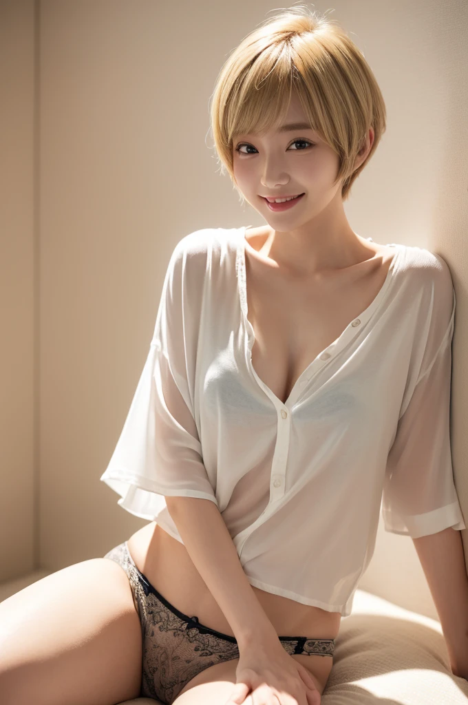 (Highest quality、4K、8k、High resolution、masterpiece:1.2)、Very detailed、(Genuine、Realistic、Realistic:1.3)、Japanese women、blonde、Pixie Cut、smile、topless、large breast、large size shirt、Open shirt、breasts out、Panties