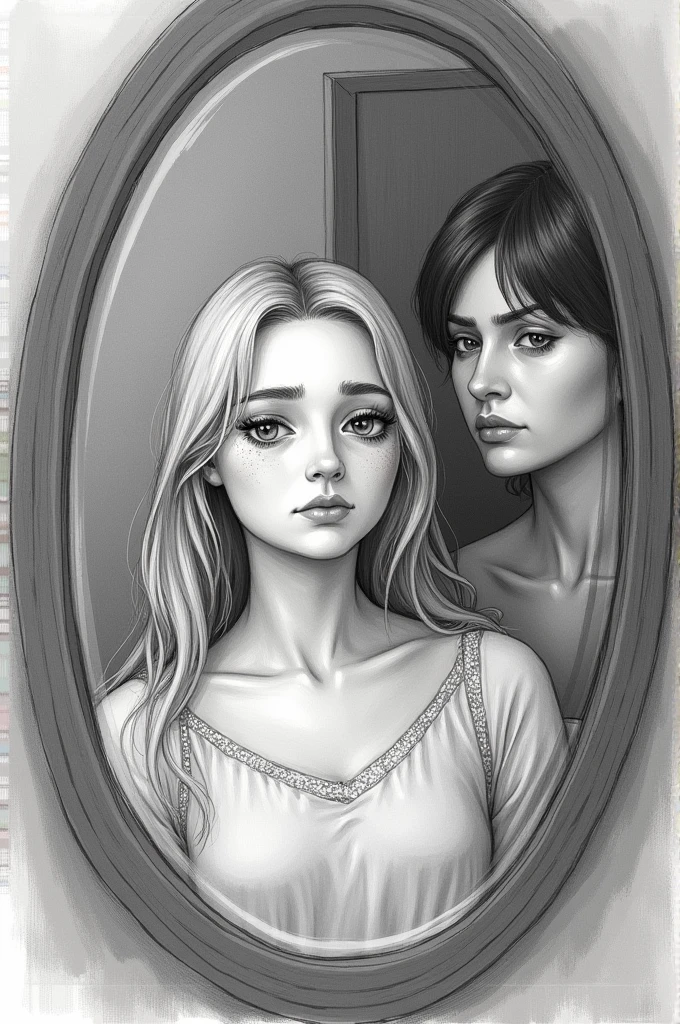 A drawing of a blonde girl looking at herself in a mirror,with an expression of doubt,while her partner is behind her,in critical attitude