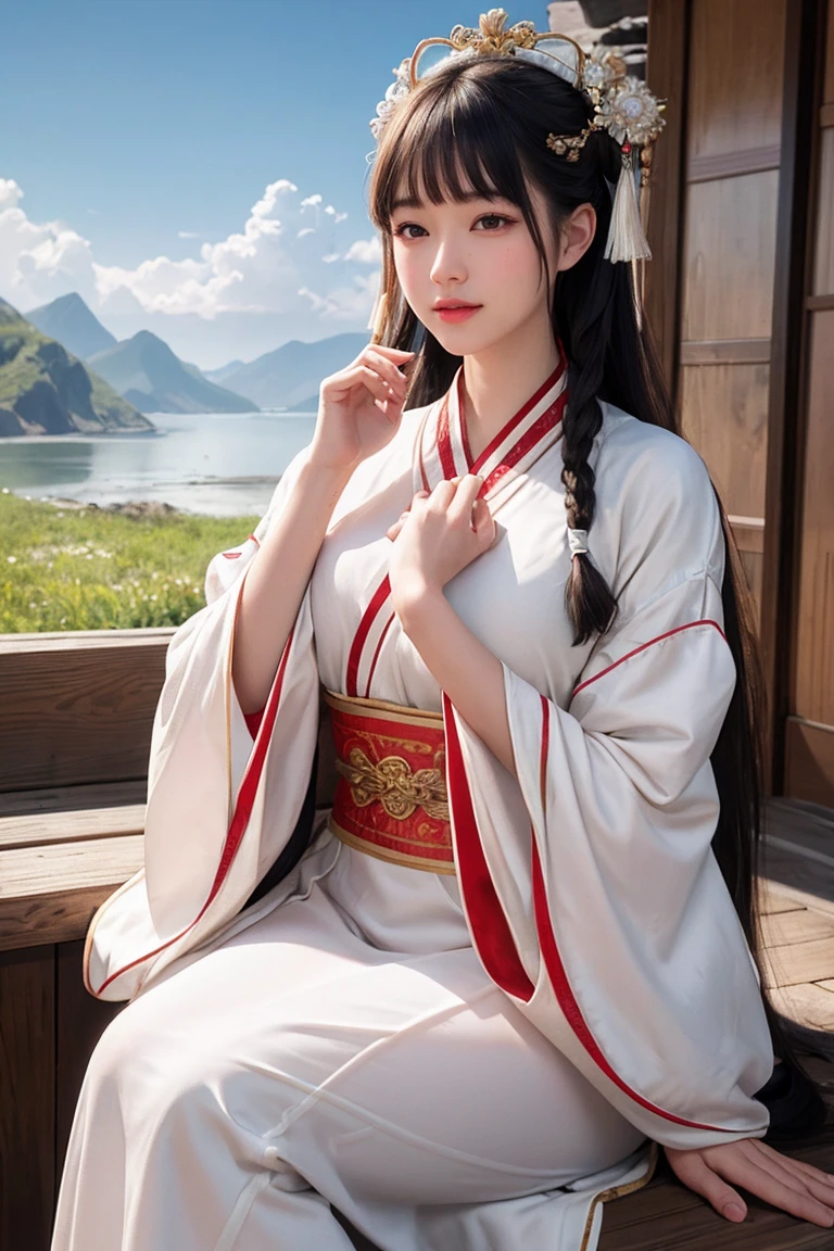 Face close-up， Ultra-fine face，woman， Chinese style， Ancient Wind，Hanfu， Sitting pose， Long white hair， Delicate clothing patterns， Elegance， Gorgeous， Elegance， smile，Sky Sky， ribbon，Sense of brokenness， It is， Bubble， Double up braid， Hairline， Diagonal bangs， hair band， hair ornaments，Sparkling， Cinema Lighting，  Hyper HD， High resolution， 最high quality， 8k， High detail， high quality， Super Detail， Anatomically correct， masterpiece， Accurate，Plump，Landscape painting，screen