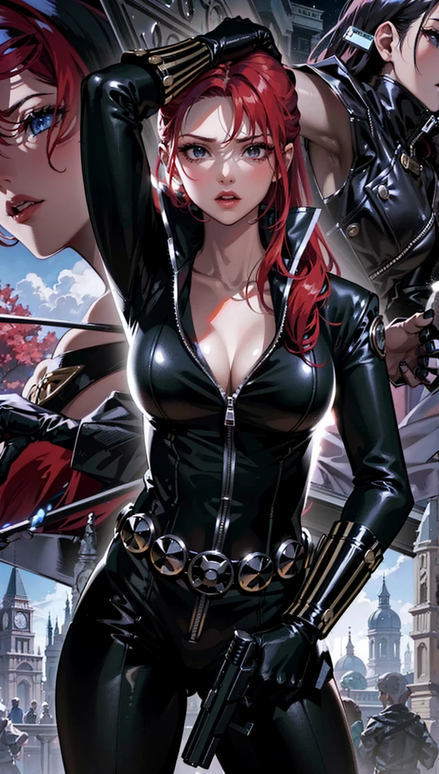 The image features a girl with long, bright red hair, dressed in a sleek skin-tight shiny black latex bodysuit with a deep-cut zipper neckline revealing a large chest, the silver zipper running down the front. The suit is complemented by her iron wrist guard on both wrists and a belt made of silver circles around her waist. She holds a gun in each hand in a ready position, while her other hand is touching her hair. Placed against a dark city backdrop, the scene includes buildings and might contain elements resembling a clock tower, suggesting an urban setting. This composition is emblematic of a superhero genre, highlighting central and ancillary characters, with an overtone of action and vigilance.