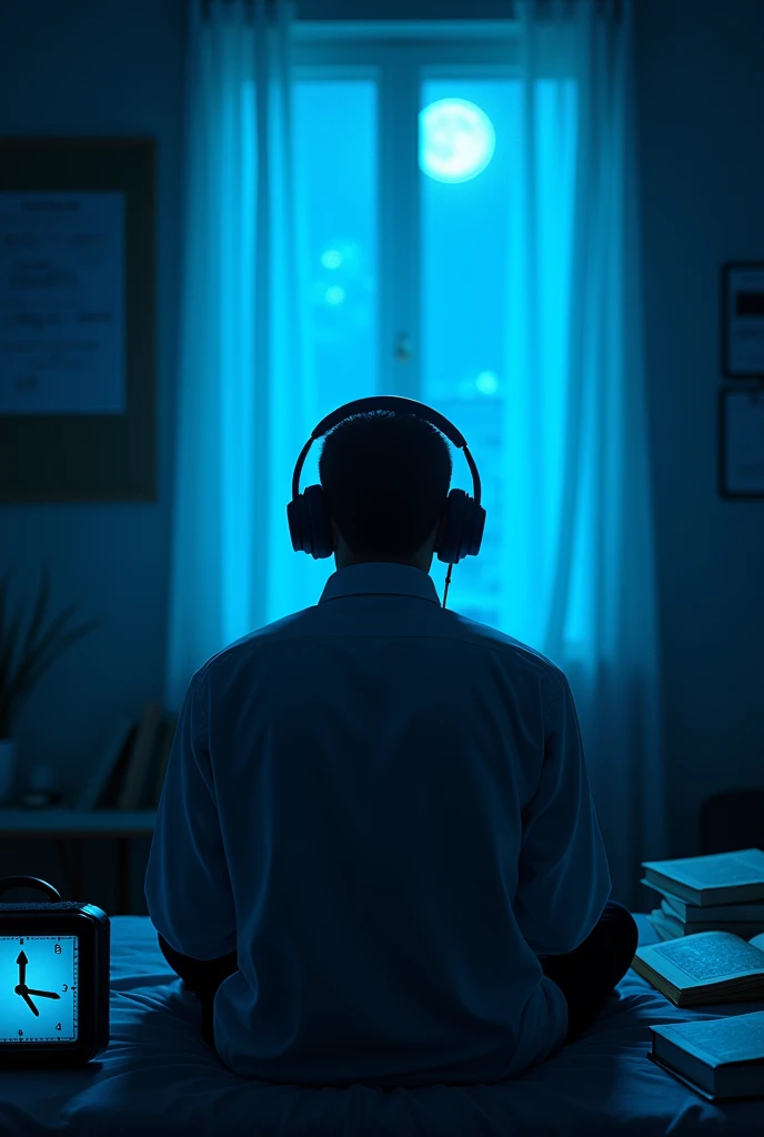 Bedroom, window light come from blue moon in room table with lot of books and notes notice board in the wall behind the table return no destruction only focus and adult man back side full shadow body shadow, digital clock showing 5 o'clock a.m. clearly seen boy wearing headphone listening Quran only back side pose