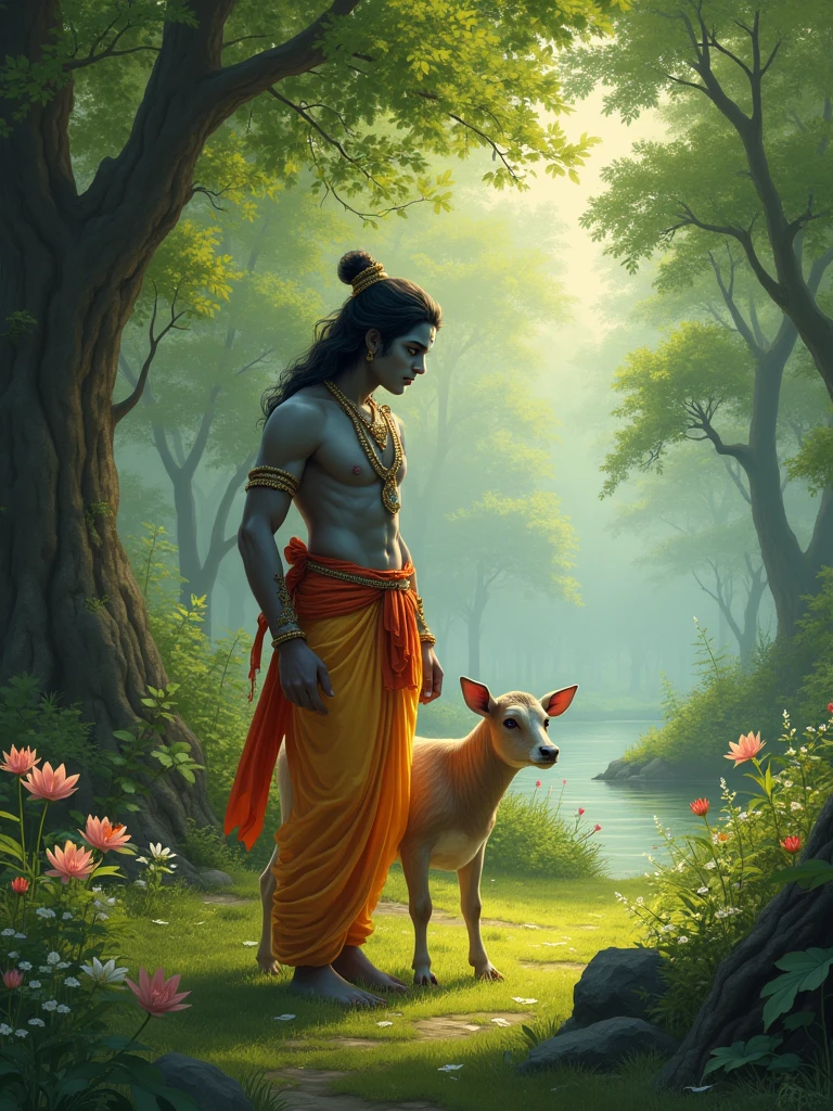 Lord Shri Krishna is in the forest and with him the baby of the cow has been taken
