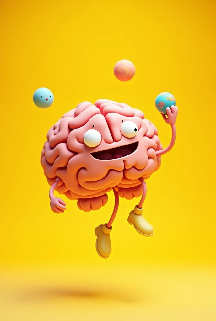 Cartoon Brain, yellow backdrop, floating, with a planet in hand, no body