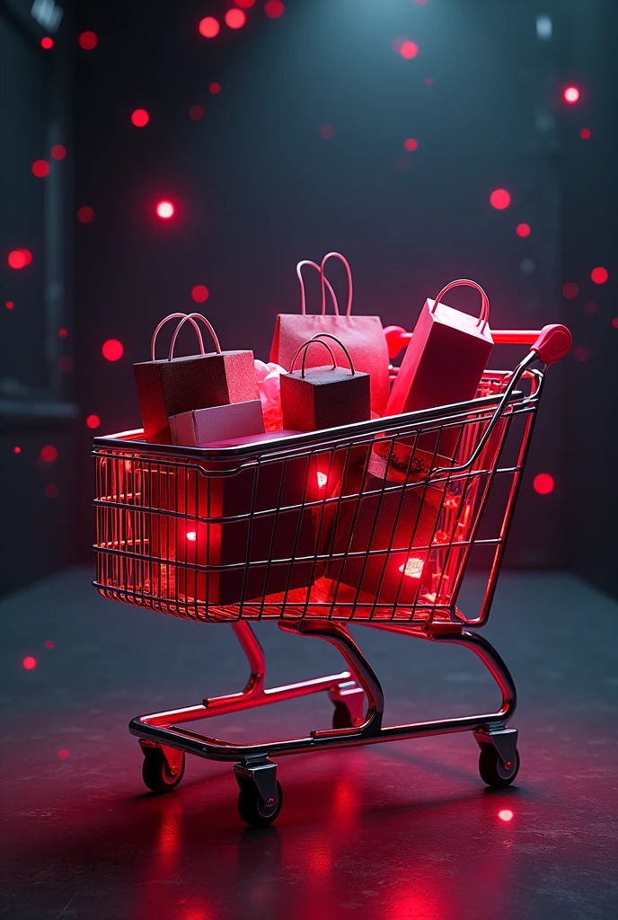 Create a shopping cart, with bags and electronics inside the cart, in shades of neon red and deep white, on a dark abstract background with glowing particles. cyberpunkstyle, with a frenetic and futuristic atmosphere. Neon Lighting, creating contrasting shadows. shallow depth of field, focusing on the details of the synapse. inspired by the works of H.R. giger.