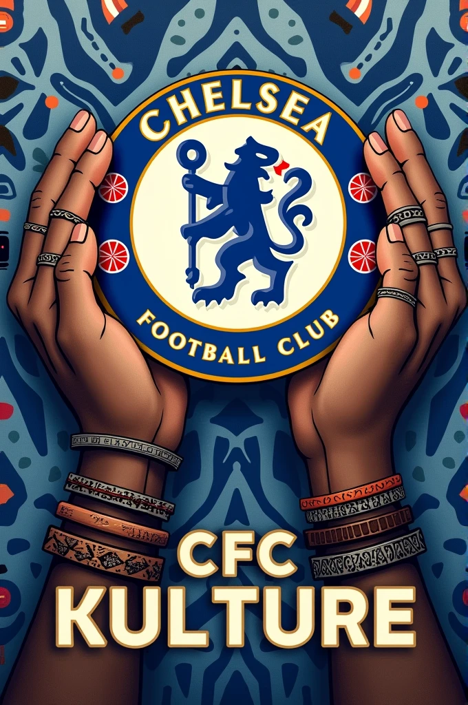 create a picture of strong samoa hands wearing samoan tribal chief adornments carrying the chelsea football club's badge and CFC_Kulture written below the hands in a blue white, black and ash aztec background.