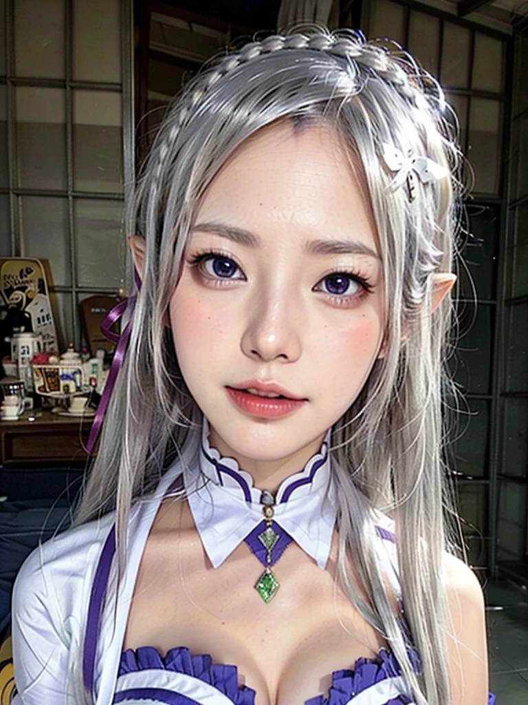 ulzzang-6500-v1.1,(raw photo:1.2),((photorealistic:1.4))best quality ,masterpiece, illustration, an extremely delicate and beautiful, extremely detailed ,CG ,unity ,8k wallpaper, finely detail, best quality,extremely detailed CG unity 8k wallpaper,absurdres, incredibly absurdres, big breats,y body,huge filesize, ultra-detailed, highres, extremely detailed,beautiful detailed girl, extremely detailed eyes and face, beautiful detailed eyes,light on face,cinematic lighting,1girl,(full body),(full-body shot),looking at viewer,outdoors, silver_hair, pointy_ears, purple_eyes, hair_ornament, hair_ribbon, lips
