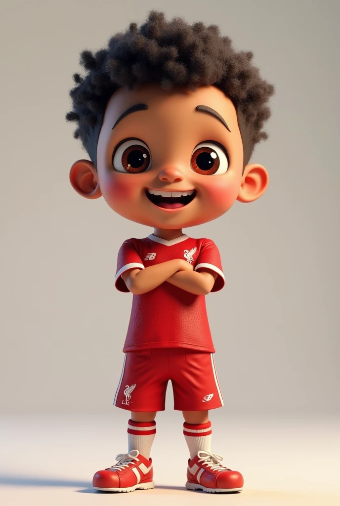 A cute smiling ??? cartoon character wearing a Liverpool team shirt, standing with arms crossed, feeling chills, highly detailed, 3D render, unreal engine, photorealistic, ultra-detailed, (best quality,8k,highres,masterpiece:1.2),ultra-detailed,(realistic,photorealistic,photo-realistic:1.37),sharp focus,vivid colors,professional