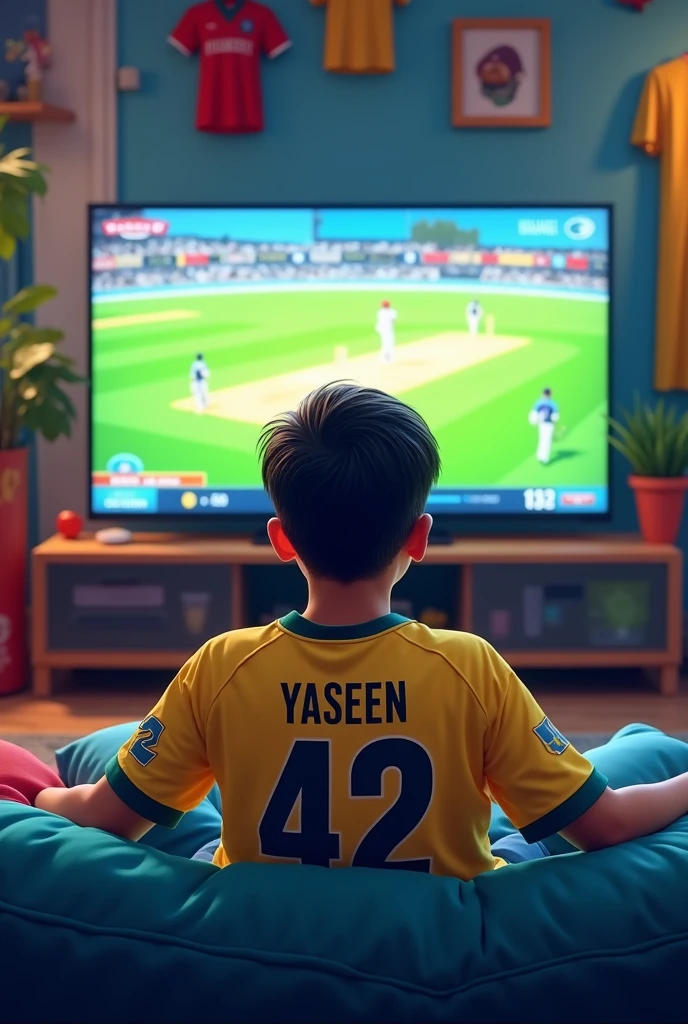 A boy sitting on a sofa and watching Australia cricket match on big led TV. he is wearing Australian team jersey with “Yaseen” name and 42 number written on his back of t shirt. room is decorated like a cricket fan like a cartoon