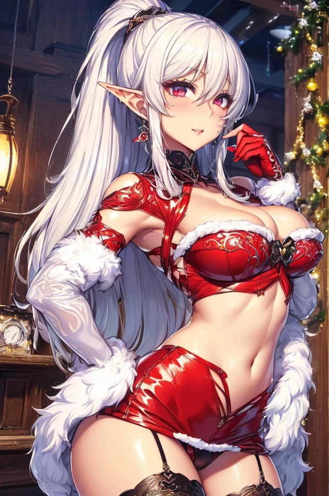 Nisei Muramasa, cute elf ,girl, 1girl,(((little ,tiny little body,small))),((())),((anime elf with extremely cute and beautiful white hair)),(((elf, elf earlat chest))),((((white hair:1.35,ponytail braid hair,colored inner hair,ear breathing)))),(((red_eyes:1.3))),intricate eyes,beautiful detailed eyes,symmetrical eyes,big eyes:1.5,(((lustrous skin:1.5,bright skin: 1.5,skin tanned,shiny skin,very shiny skin,shiny body,plastic glitter skin,exaggerated shiny skin,illuminated skin))),(delicate detailed fingers,detailed body,detailed arms,human hands,(detailed face)), cute,slutty,erotic,daring,nsfw, zettai ryouiki,revealing clothing,show skin,(((Sexy red fur coat, red fur coat outfit, wearing a red fur coat:1.3,red winter coat))), ((red mini-skirt,red mini skirt with furry edge,visible thong straps)),((underpants strap)),(white gloves,red clothes,semi-naked,with little red clothing,((((furry edge clothing)))),(((intricate outfit,intricate clothes,embroidered outfit,ornate outfit,embroidered clothes,ornate clothes))), (dynamic pose:1.0),embarrassed,(centered,scale to fit dimensions,Rule of thirds), inside,indoor,((cozy gothic room)),scenery:1.25,((intricate scenery)),((winter decorations)),Christmas tree, (Glossy winter ornaments),highres,sharp focus,(ultra detailed,extremely detailed),(photorealistic artwork:1.37),(extremely detailed CG unity 8k wallpaper),(((vibrant colors,vibrant theme))),(intricate),(masterpiece),(best quality),