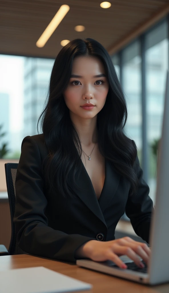 Young woman with long black hair, wearing professional attire, sitting in her office, 8k, hi-res