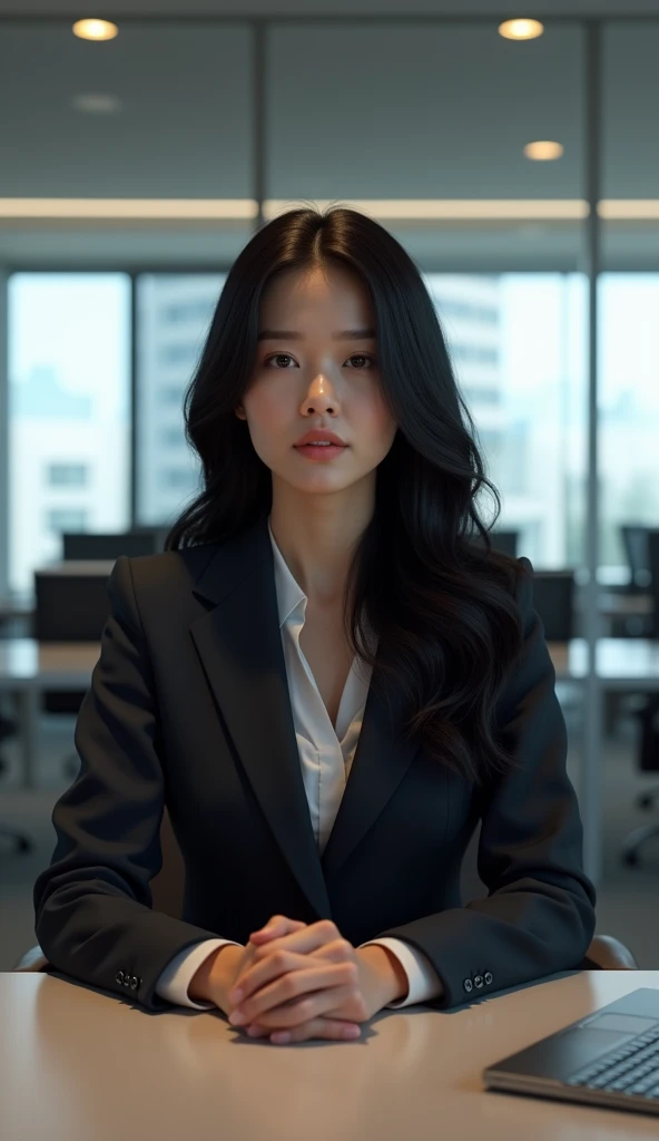 Young woman with long black hair, wearing professional attire, sitting in her office, 8k, hi-res