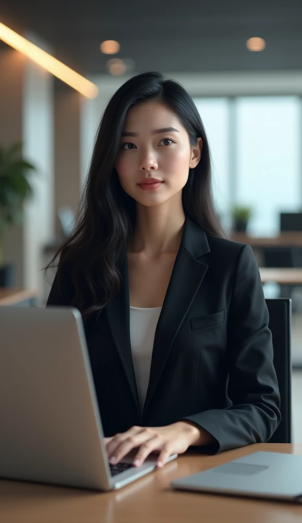 Young woman with long black hair, wearing professional attire, sitting in her office, 8k, hi-res