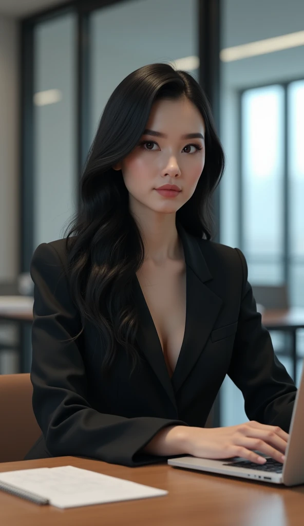 Young woman with long black hair, wearing professional attire, sitting in her office, 8k, hi-res