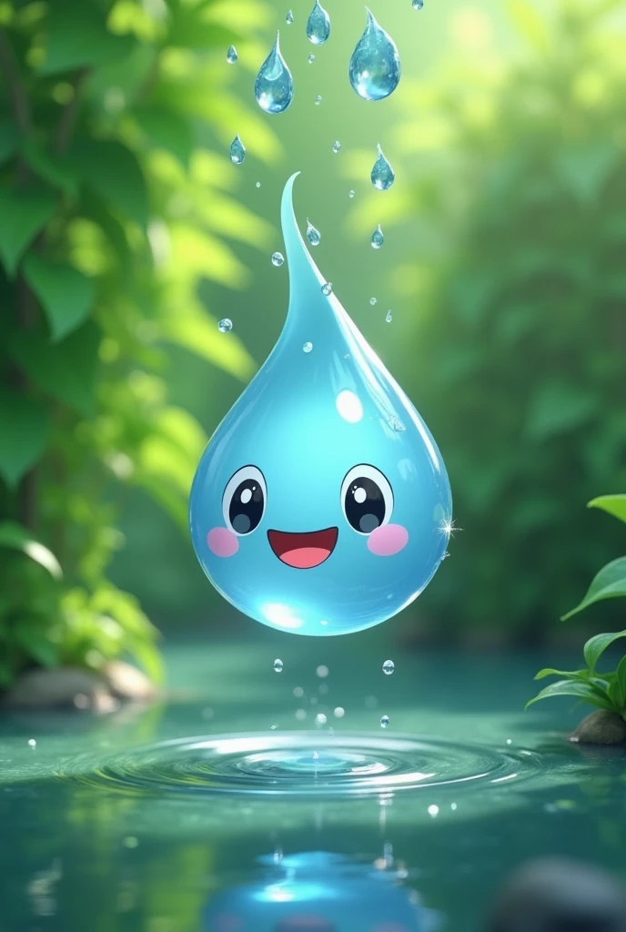 A cheerful water droplet creature, with a wide smile and large eyes, is suspended in mid-air, connected to a string of smaller droplets, as it descends towards a tranquil pond. The creature's body is translucent, reflecting the surrounding greenery, and its smile radiates joy and innocence. The background is a soft blur of green leaves, creating a sense of depth and tranquility. The lighting is soft and natural, highlighting the droplet's delicate form and the sparkling water droplets. [digital art, whimsical, cartoonish], [reference style: Studio Ghibli], [lighting: soft, diffused, natural light, colors: vibrant green, blue, and white, background: blurred green foliage, rendering: smooth, realistic]