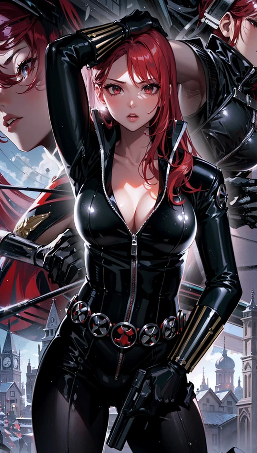 The image features a girl with long, bright red hair, dressed in a sleek skin-tight shiny black latex bodysuit with a deep-cut zipper neckline revealing a large chest, the silver zipper running down the front. The suit is complemented by a belt of shiny golden circles around her waist. She holds a gun in each hand in a ready position, while her other hand is touching her hair. Placed against a dark city backdrop, the scene includes buildings and might contain elements resembling a clock tower, suggesting an urban setting. This composition is emblematic of a superhero genre, highlighting central and ancillary characters, with an overtone of action and vigilance.