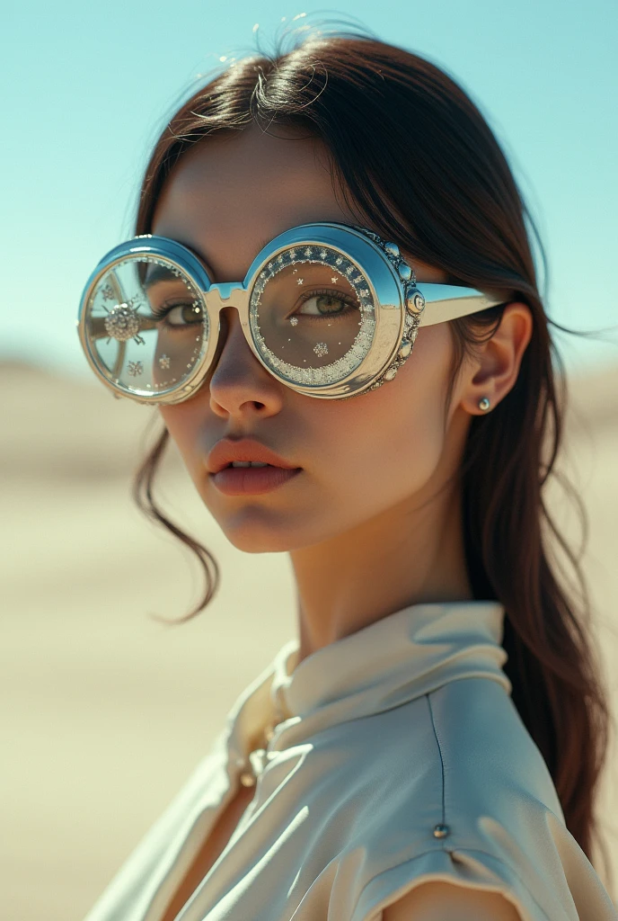 The model is wearing glass sunglasses with stars and the moon on the glass sand