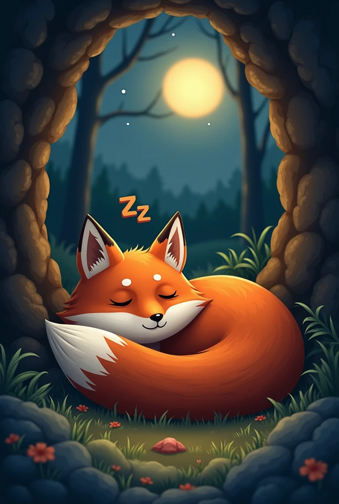 A red fox sleeps in a cave,Expression full of sleepiness,There is a ZZZ symbol on the head,Cute realistic style,Background night forest