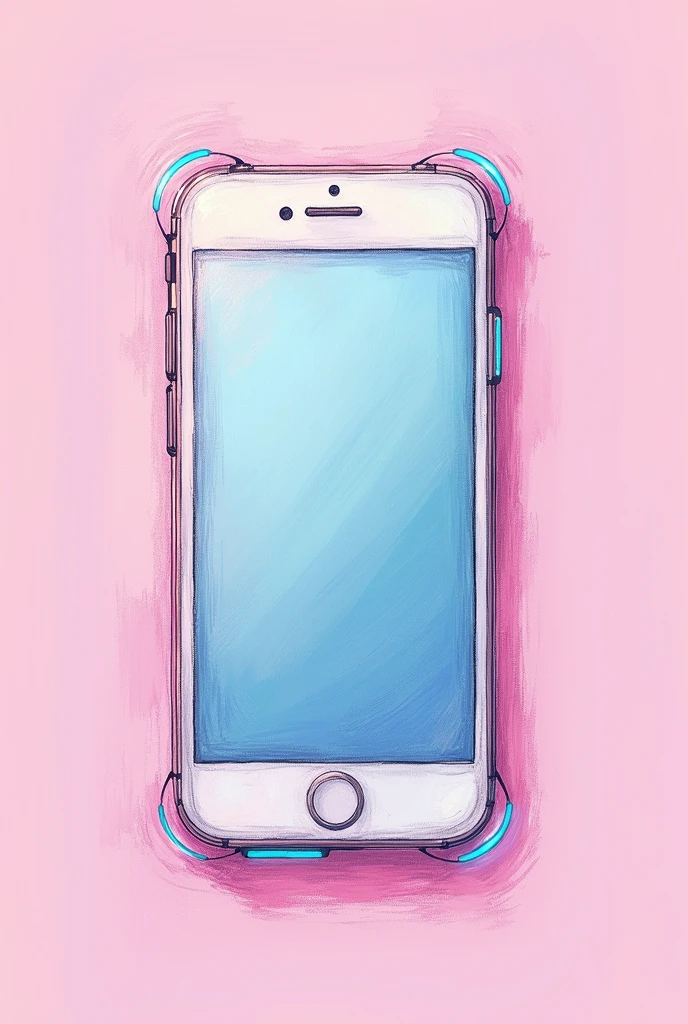 
dessin type anime manga au crayon de papier d'un telephone portable en gros plan bien centré au milieu du dessin avec un fond d ecrans rose avec des details fluo sur le contours

