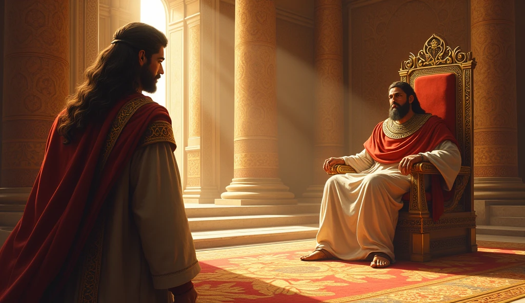The scene of Joseph&#39;s meeting with Pharaoh, in a large ornate hall. Joseph is dressed in fine clothes, and the pharaoh watches him with interest. The composition must convey power and respect.