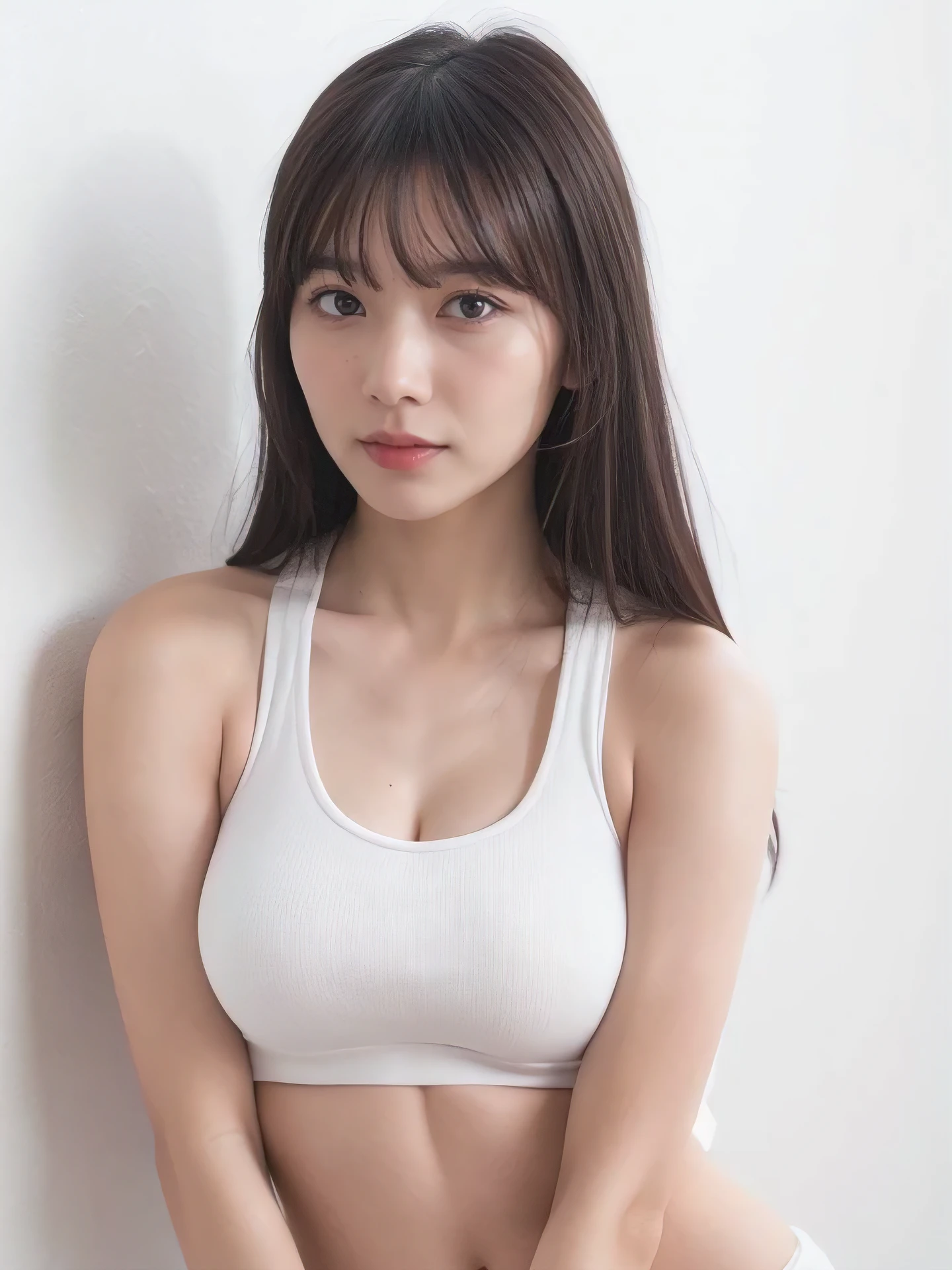 1girl, 25years old woman, (perfectly detailed face), (((Tank tops))), Small breasts, medium breasts, large breasts, cute face, beautiful face, ((looking at viewer)), Simple Background, ((white background)), ((white wallpaper)), White skin, (bright lighting:1.2), perfect lighting, photorealistic, (bokeh), UHD, anatomically correct, highres, masterpiece