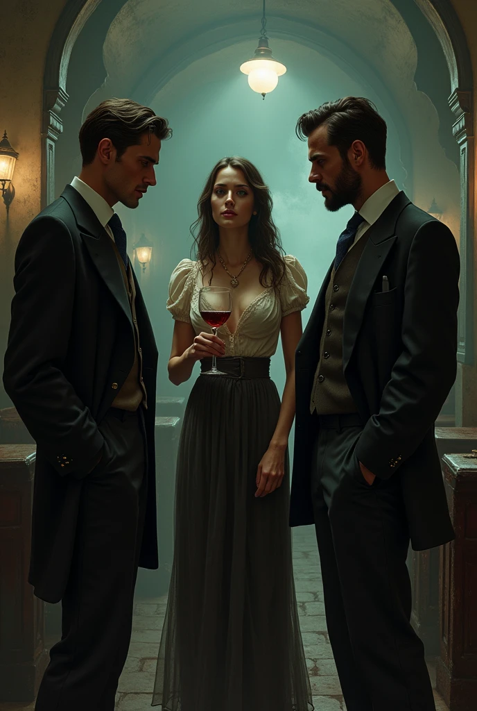 In an old time club two guys are talking with a girl holding a glass of wine. Their clothes are old fashioned.and poor dress