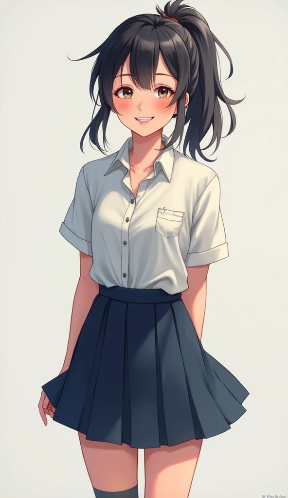 woman　Black Hair　Semi-long hair　ponytail、smile　Asian Face　2　dark blue skirt　Knee-high socks　happiness/joy, Textured skin, High resolution, whole body